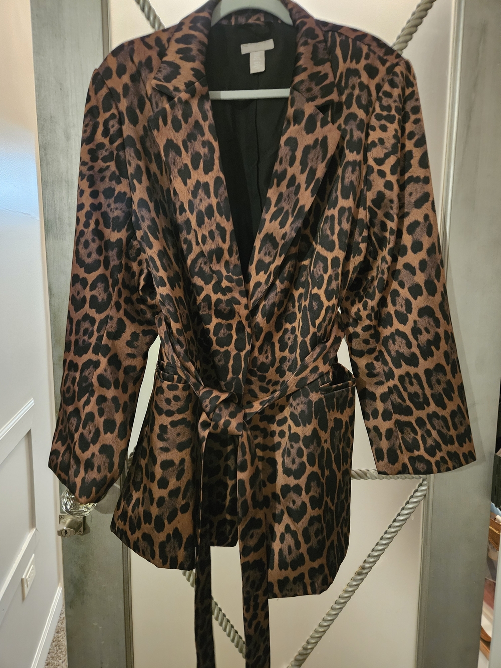 H&M Leopard Print Satin Belted Blazer in Brown and Black XXL